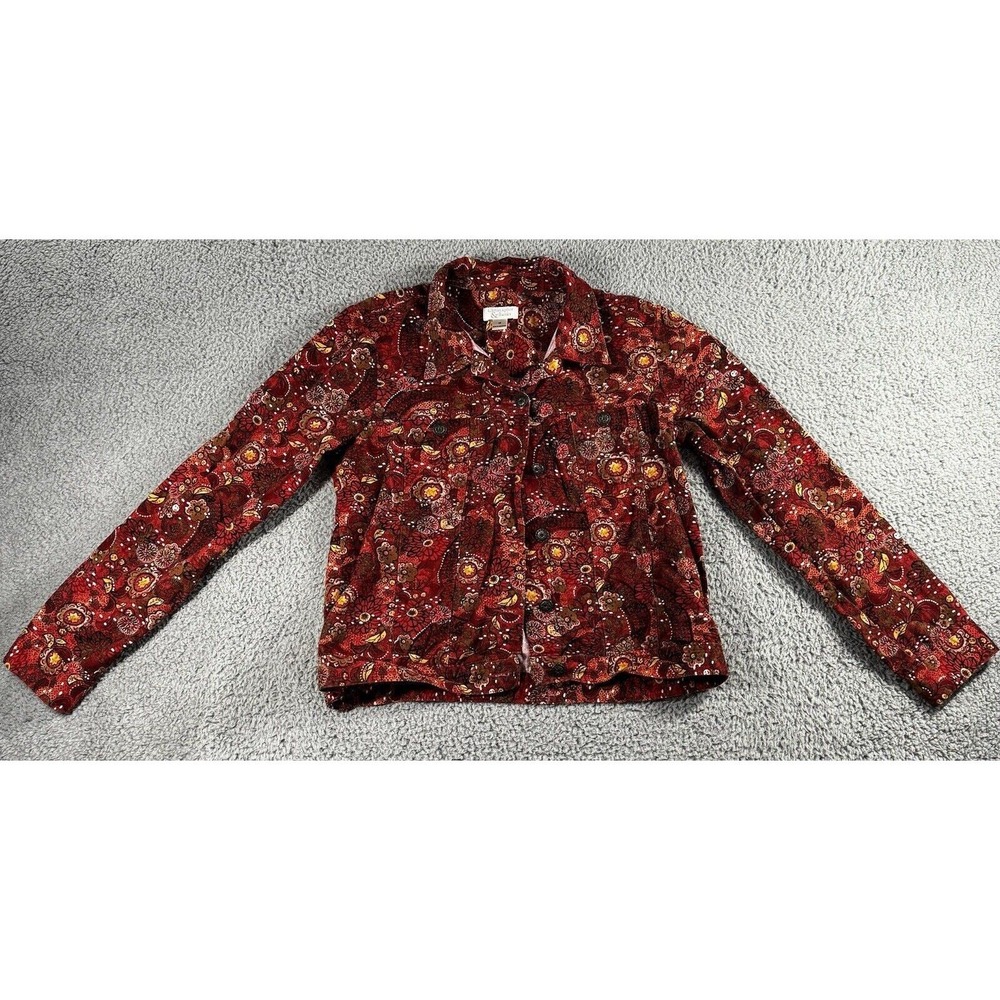 Floral Paisley Corduroy Jacket Women M Red Boho Earthy Layering‎ Cottagecore